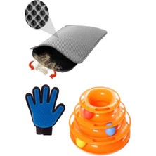 Hakay Tineke Tower Of Tracks Kedi Oyuncağı + Kedi Tüy Toplama Eldiveni+Elekli Kedi Tuvalet Paspası (Gri) 3 Lü