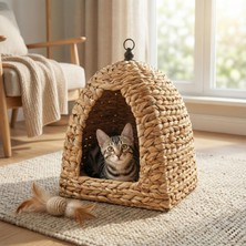 Hakay Deconox Dekoratif Hasır Kedi Evi, Metal Iskeletli ve Asma Aparatlı Piramit Kedi Sepeti, 48X48X45 cm Doğal Örme Kedi Yuvası ve Konforlu Kedi Yatağı