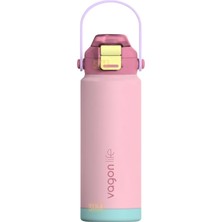 Hakay Vagonlife 750ML Düz Renkli Pipetli/pipetsiz Kullanım Kulplu Kaymaz Tabanlı Paslanmaz Çelik Termos - Pembe