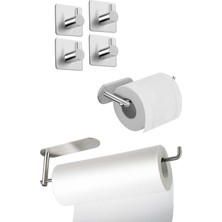 Hakay Deltahome Paslanmaz Çelik Yapışkanlı Kağıt Havluluk - Tuvalet Kağıtlığı - 4 Adet Askılık Set