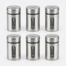 Hakay Deconox 6'lı Set Paslanmaz Çelik Kaplı Cam Baharatlık, 8 cm - Şeffaf Pencereli, Inox Döner Kapaklı Tuzluk ve Baharat Takımı