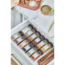 Hakay Kitchen Life 12'li Akasya Kapaklı Kare Cam Baharatlık Takımı / 56 Adet Etiket Hediyeli / 12LI Baharatlık Seti