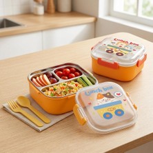 Hakay Deconox 600 ml Paslanmaz Çelik Yemek Kabı, 4 Bölmeli Kilitli Lunch Box, Çatal Kaşık Dahil Renkli Desenli Saklama ve Taşıma Kabı, 14X14X8 cm