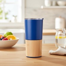 Hakay Deconox 600 ml Bambu Tabanlı Çelik Termos Mug - 5 Farklı Renk Seçenekli Sıcak ve Soğuk Tutucu Seyahat Bardağı (Mavi)