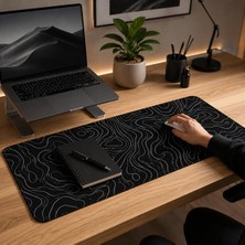 Hakay Mcstorey 90X40 cm Mouse Pad, Beyaz Topografik Kontur Desenli Büyük Mouse Pad, Kaymaz Kauçuk Tabanlı, Dikişli Kenarlı 3 mm Klavye ve Mouse Altlığı, Minimal Desk Mat