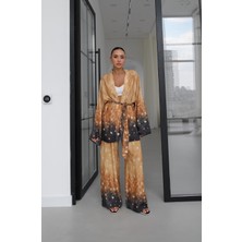 Havoş Sarı Desenli Kuşaklı Kimono Pantolon Takım