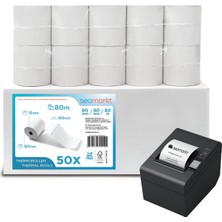 Hakay 50 Adet 80X80M Termal Adisyon Rulosu, Garantili Net 80M Uzunluk, Premium 48GSM Bpa Free Yazar Kasa & Pos Rulosu