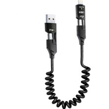 Hakay 4’ü 1 Arada 65W Yaylı Hızlı Şarj Kablosu Type-C & Lightning Pd Destekli, Dolaşmaz Spiral Tasarım, 1.5m Uzayabilir, Araç & Ev Uyumlu Şarj ve Veri Kablosu (Siyah)