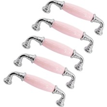 Hakay (5 Adet) Alvena Pembe Porselen Krom Kulp 96 mm 9.6 cm Mobilya Çekmece Dolabı Dolap Kapak Kulb Kulpu
