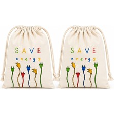 Hakay Stonehill Save Energy Baskılı Bez Kese 15X20 cm 2'li Set - Ipli Pamuklu Çok Amaçlı Saklama Kesesi, Kablo Düzenleyici, Hediye Kesesi