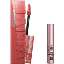 Hakay Maybelline New York Super Stay Vinyl Ink Uzun Süre Kalıcı Likit Parlak Ruj 15 Peachy & Mini Lash Sensational Sky High Maskara Makyaj Seti