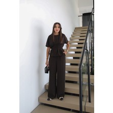 Havoş Acı Kahve Ip Kemerli Pileli Bluz Pantolon Takım