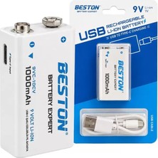 Renas Store Beston 9VC-10CV 9V 1000MAH Type-C Şarj Edilebilir Li-Ion Lityum Pil ve Şarj Kablosu