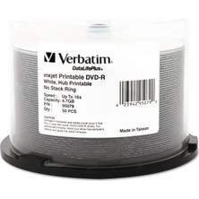 Hakay Verbatim 4,7 Gb'a Kadar 16 x Datalifeplusbeyaz Mürekkep Püskürtmeli Yazdırılabilir Hub Yazdırılabilir Kaydedilebilir Disk Dvd-R 50 Disk Mili 95079