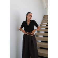 Havoş Siyah Fermuarlı Polo Yaka Triko Bluz