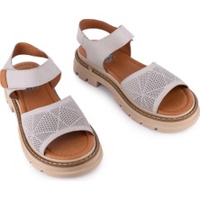 Emel Ayakkabı  Hakiki Deri Lazer Baskılı Ledy Modern Sandalet Taş Deri 09-Ln-34