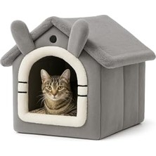 Hakay Kedi Evi Yumuşak Kedi Yatağı | Peluş Derin Uyku Evi, Çıkarılabilir Minderli, Isı Yalıtımlı Kışlık Ev | Katlanır Kedi Evi (Gri)