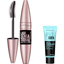 Hakay Maybelline New York Lash Sensational Yelpaze Etkili Intense Black Maskara - Ekstra Siyah 9.5 ml & Mini Fit Me Matte - Poreless Matlaştırcı Makyaj Bazı Makyaj Seti