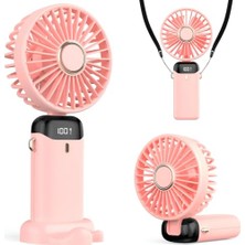 Hakay Şarjlı El Vantilatörü - LED Dijital Ekranlı 5 Kademe Rüzgar Hızlı Mini Masaüstü Fan, Boyun Askılı Katlanabilir Şarj Edilebilir Taşınabilir Vantilatör, Telefon Standlı Type-C Şarjlı (Pembe)