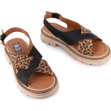 Emel Ayakkabı Hakiki Deri Leopar Deri Modern Sandalet Siyah Leopar 09-Ln-04
