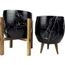 Hakay Bitki Tasarımı Ev Dekorasyon Aksesuar Siyah Üzeri Beyaz Mermer Efektli Toprak Saksı Saksılık Salon Çiçeklik Ikili Set 3 Ayaklı- 4 Ayaklı- 19 cm