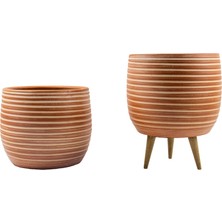Hakay Bitki Tasarımı Ev Dekorasyon Yan Çizgi Desenli Toprak Saksı Saksılık Salon Çiçeklik Ikili Set Ayaksız - 3 Ayaklı- 19 cm