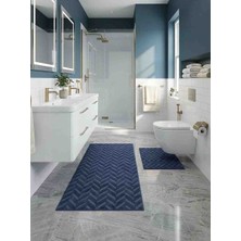 Premium 2'li Lacivert Zikzak Desenli Kaymaz Tabanlı Banyo Paspas Takımı ( 60 x 100 / 50 x 60)