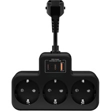 Hakay Çoklu Kablolu Priz Çoğaltıcı Priz Dönüştürücü 1usb - 2type-C Girişli Yüksek Akım Korumalı Fiş Siyah, Masaüstü Duvar Tipi, 3680W 1050 Joule