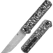 Kansept Foosa | Kayma Eklemi/flipper Bıçak | Siyah Beyaz Karbon Fiber Sap | Damascus Çelik Çakı | K2