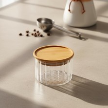 Aesco Deconox Linie Slim Bambu Kapaklı Borosilikat Cam Saklama Kabı - Çizgili Vakumlu Baharatlık, Çay ve Kahve Kavanozu - 200ML ve 300ML Seçenekleri (200ML)