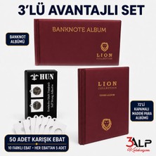 3Alp Koleksiyon Lion Küçük Boy 72 Gözlü Madeni Metal Para Albümü, 50 Kapama ve 40’lı Mini Kağıt Para Albümü 3’lü Set - Bordo