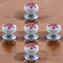 Frefly Store BADEM10 Polimer Kulp Düğme Pembe Çiçek Desenli Krom Tabla Mobilya Mutfak Dolabı Çekmece Kulpu Kulbu 5 Adet