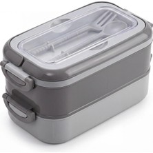 Frefly Store Mallart® 2 Katlı Yemek Taşıma Kabı - Kaşık Çatal Setli Katı Gıda Için Çift Katlı Bento Beslenme Kutusu, Ofis Okul Piknik Kilitli Saklama Kabı (Gri)