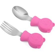 Frefly Store Valkyrie 304 Çelik Panda Bebek Kaşık Çatal Setisilikon Saplı Bpa Içermez Ergonomik Kaymaz Fuşya