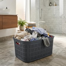 Frefly Store 35 Lt Örgü Desenli Plastik Çamaşır Sepeti, Krem Rengi Temiz Çamaşır Selesi, Kulplu Büyük Boy Banyo ve Çamaşır Odası Düzenleyici Kirli ve Temiz Çamaşır Sepeti (Antrasit)