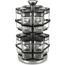 Frefly Store Deconox 12’li Döner Standlı Cam Baharatlık Seti, 100 ml Kare Baharat Kavanozları, 360 Derece Dönebilen 2 Katlı Paslanmaz Çelik Stand ve Kapak, 32 x 14 cm