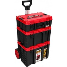 Frefly Store S-M-L Master Case 3'lü Modüler Tekerlekli Takım Çantası Seti, Organizerli Alet Taşıma ve Depolama Sistemi, Çekçek Kollu, Büyük Hacimli, Elektrikçi Tesisatçı Servis Için, Kırmızı-Siyah