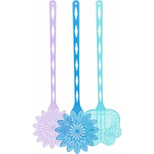 Frefly Store Genel Plastik Sinek Raketi 3'lü Set, Mor, Mavi ve Turkuaz, Çiçek Desenli, Ergonomik Uzun Saplı, 45 cm