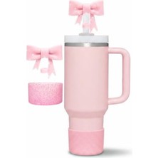 Frefly Store Pembe Simli Silikon Termos Taban Koruyucu ve Pipet Tıpası Seti