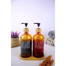 Frefly Store Digithome 2’li Ahşap Standlı Cam Sıvı Sabun ve Bulaşık Deterjanı Şişesi Sabunluk Amber 500 ml - D/11 C1-1-289