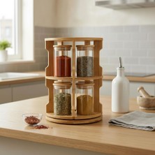 Frefly Store Promosyonca Cam Baharatlık Seti, 10'lu, 250 Ml, Ahşap Kapaklı, Bambu 360° Döner Standlı, Büyük Boy