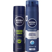Frefly Store Nıvea Men Erkek Sprey Deodorant Fresh Power 150ML ve Nıvea Men Protect&care Tıraş Jeli 200ML, Kuru Ciltler Için, Pürüzsüz Tıraş