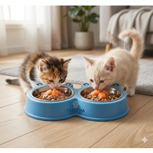 Frefly Store Tatucha Kurbağa Tasarımlı Çift Hazneli Paslanmaz Çelik Kedi Köpek Mama ve Su Kabı, Mavi