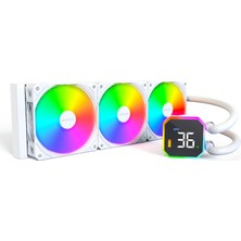Frefly Store Montech Hyperflow Dijital 360 Cpu Sıvı Soğutucu, 3100 Rpm Pompalı 360 mm Aıo, 3×120 mm E28 Argb Fanlar, Gerçek Zamanlı Dijital Ekran, Intel ve Amd Desteği (Beyaz)