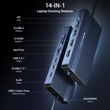 Frefly Store Acasıs Çift Monitör Yerleştirme Istasyonu, HDMI 4K @ 60 Hz, 14'ü 1 Arada Dizüstü Bilgisayar Yuvası, 10 Gbit/s (Usb-C Video + Veri, 3 x USB C, USB A) Ethernet, 100 W Pd, Sd/tf, 3,5 mm Ses, Siyah