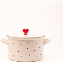 Frefly Store Cupid 20 cm Emaye Tencere, Krem Rengi, Kırmızı Kalp Desenli, Kapaklı, 3 Litre