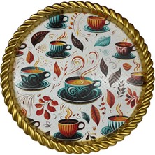 Frefly Store Bybars Lüks Dekoratif Plastik Tepsi Altın Çerçeve 46X46 Çay Kahve Fincan Desenli