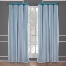 Frefly Store Özel Ev Catarina Katmanlı Katı Oda Karartma ve Şeffaf Gromet Üst Perde Panel Çifti, 132 cm x 304 Cm, Turkuaz