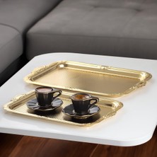 Frefly Store Porsima 3332 Paslanmaz Çelik Tepsi Gold -Çay Kahve Ikram Sunum Servis Tepsi Seti- 2'li Dikdörtgen