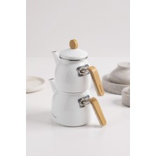 Frefly Store Sultan - Bambu Kulplu Emaye Çaydanlık Takımı Beyaz